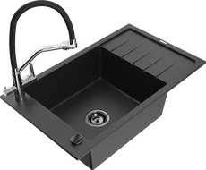 Mexen Elias zlewozmywak granitowy 1-komorowy z ociekaczem i baterią kuchenną Duo, czarny/srebrny metalik - 6511-73-671701-07-B