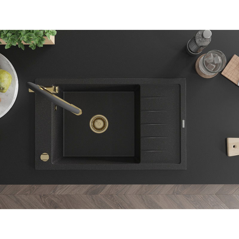 Mexen Elias zlewozmywak granitowy 1-komorowy z ociekaczem i baterią kuchenną Duo, czarny/srebrny metalik - 6511-73-671701-57-G