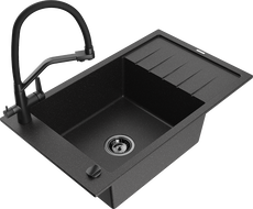 Mexen Elias zlewozmywak granitowy 1-komorowy z ociekaczem i baterią kuchenną Duo, czarny/srebrny metalik - 6511-73-671701-70-B