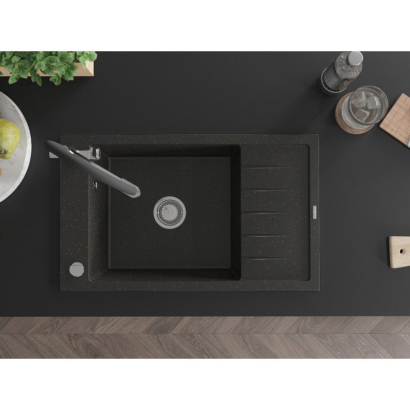 Mexen Elias zlewozmywak granitowy 1-komorowy z ociekaczem i baterią kuchenną Duo, czarny/złoty metalik - 6511-75-671701-07