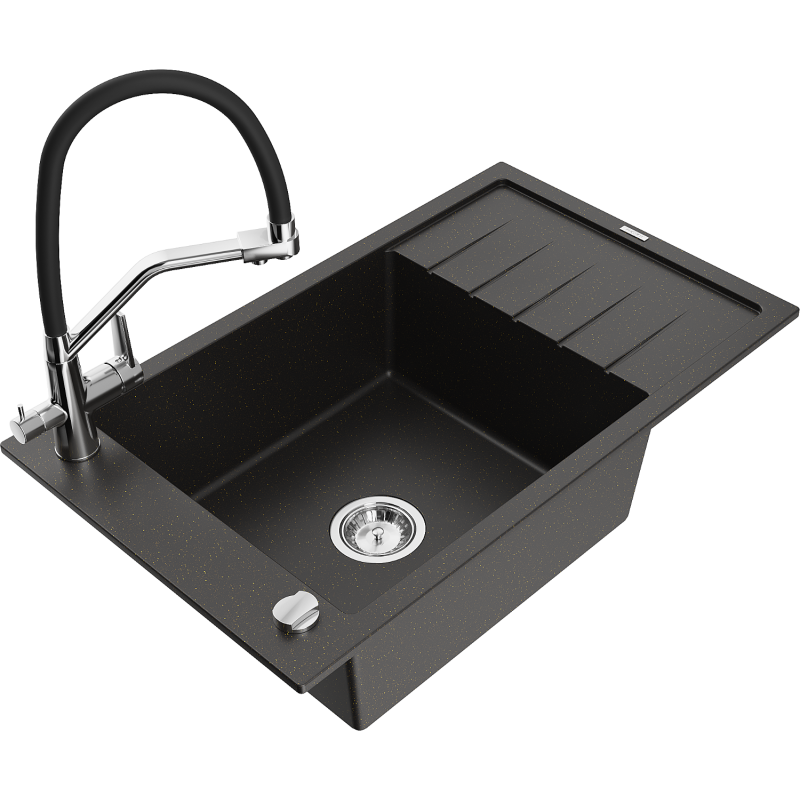 Mexen Elias zlewozmywak granitowy 1-komorowy z ociekaczem i baterią kuchenną Duo, czarny/złoty metalik - 6511-75-671701-07