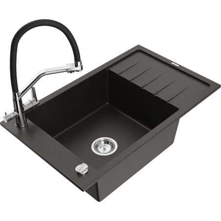 Mexen Elias zlewozmywak granitowy 1-komorowy z ociekaczem i baterią kuchenną Duo, czarny/złoty metalik - 6511-75-671701-07