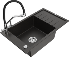 Mexen Elias zlewozmywak granitowy 1-komorowy z ociekaczem i baterią kuchenną Duo, czarny/złoty metalik - 6511-75-671701-07