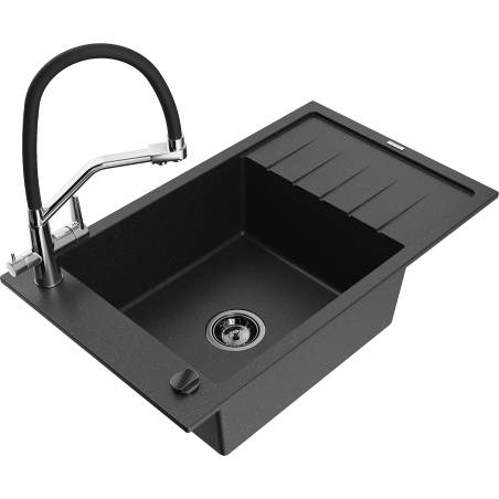 Mexen Elias zlewozmywak granitowy 1-komorowy z ociekaczem i baterią kuchenną Duo, czarny/złoty metalik - 6511-75-671701-07-B