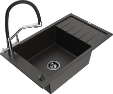 Mexen Elias zlewozmywak granitowy 1-komorowy z ociekaczem i baterią kuchenną Duo, czarny/złoty metalik - 6511-75-671701-07-B