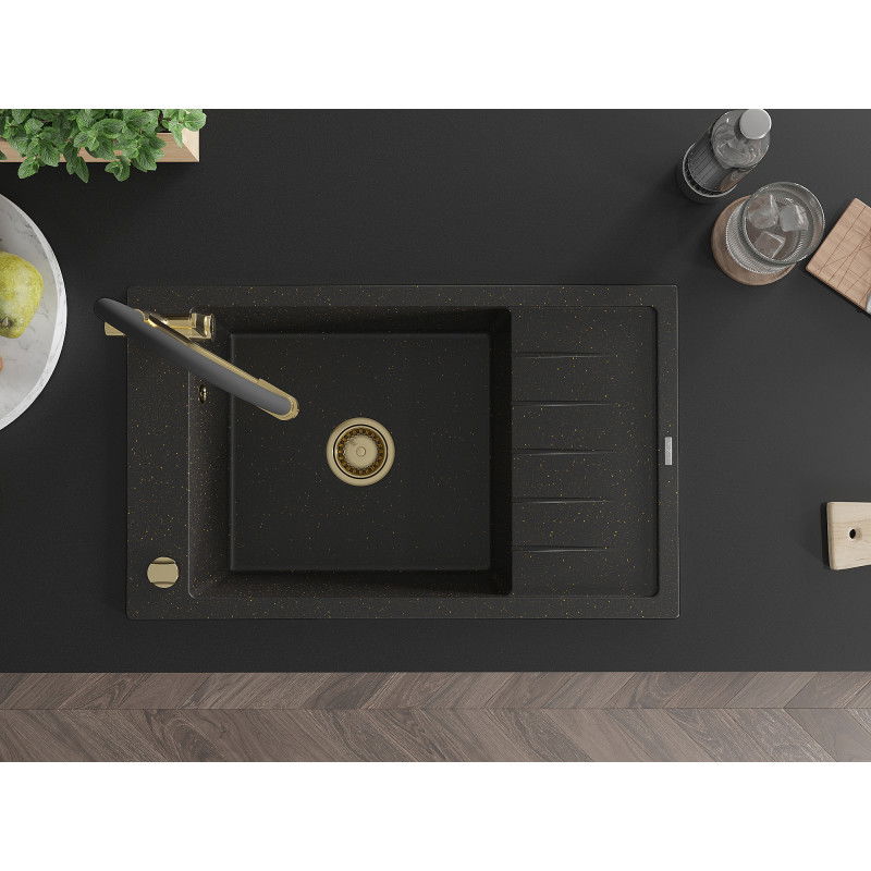 Mexen Elias zlewozmywak granitowy 1-komorowy z ociekaczem i baterią kuchenną Duo, czarny/złoty metalik - 6511-75-671701-57-G