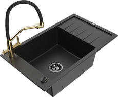 Mexen Elias zlewozmywak granitowy 1-komorowy z ociekaczem i baterią kuchenną Duo, czarny/złoty metalik - 6511-75-671701-57-B