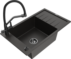 Mexen Elias zlewozmywak granitowy 1-komorowy z ociekaczem i baterią kuchenną Duo, czarny/złoty metalik - 6511-75-671701-70-B