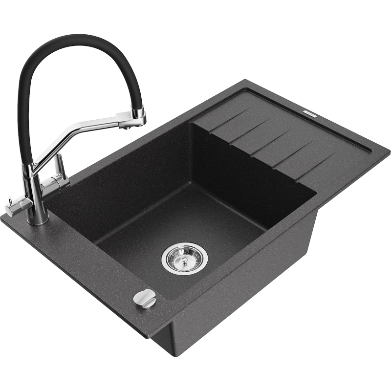 Mexen Elias zlewozmywak granitowy 1-komorowy z ociekaczem i baterią kuchenną Duo, czarny nakrapiany - 6511-76-671701-07