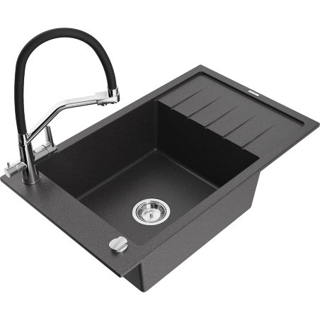 Mexen Elias zlewozmywak granitowy 1-komorowy z ociekaczem i baterią kuchenną Duo, czarny nakrapiany - 6511-76-671701-07