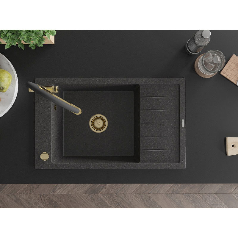 Mexen Elias zlewozmywak granitowy 1-komorowy z ociekaczem i baterią kuchenną Duo, czarny nakrapiany - 6511-76-671701-57-G