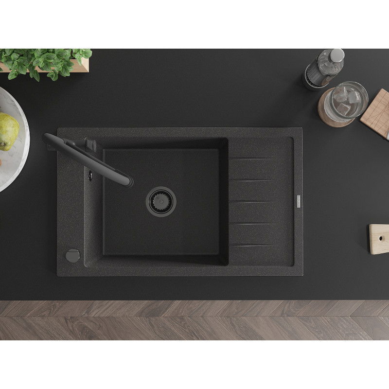 Mexen Elias zlewozmywak granitowy 1-komorowy z ociekaczem i baterią kuchenną Duo, czarny nakrapiany - 6511-76-671701-70-B