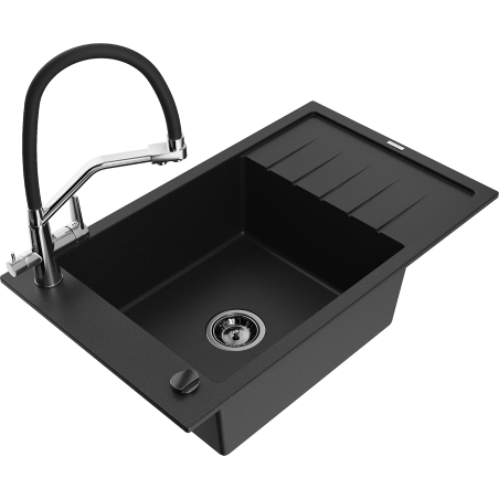Mexen Elias zlewozmywak granitowy 1-komorowy z ociekaczem i baterią kuchenną Duo, czarny - 6511-77-671701-07-B