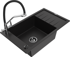 Mexen Elias zlewozmywak granitowy 1-komorowy z ociekaczem i baterią kuchenną Duo, czarny - 6511-77-671701-07-B