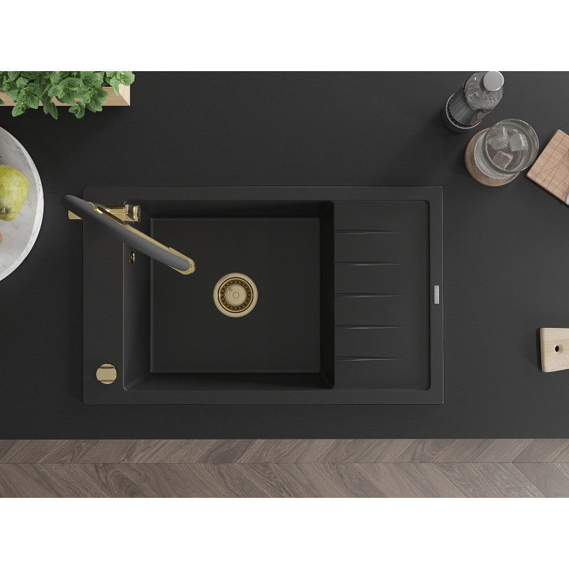 Mexen Elias zlewozmywak granitowy 1-komorowy z ociekaczem i baterią kuchenną Duo, czarny - 6511-77-671701-57-G