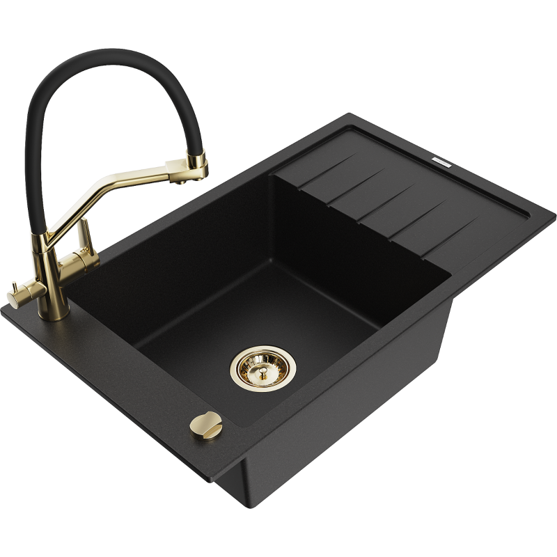 Mexen Elias zlewozmywak granitowy 1-komorowy z ociekaczem i baterią kuchenną Duo, czarny - 6511-77-671701-57-G