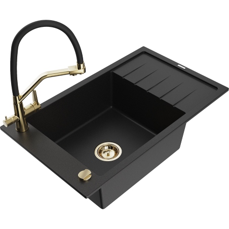 Mexen Elias zlewozmywak granitowy 1-komorowy z ociekaczem i baterią kuchenną Duo, czarny - 6511-77-671701-57-G