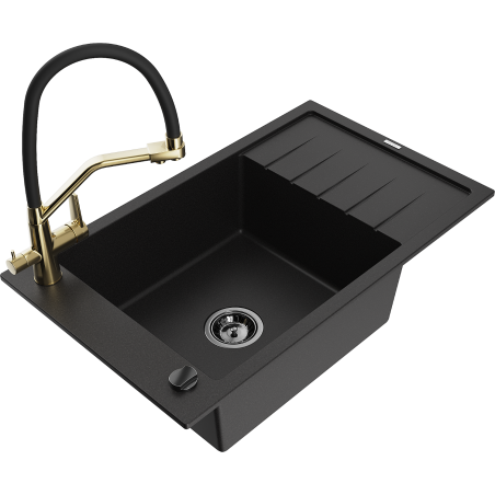 Mexen Elias zlewozmywak granitowy 1-komorowy z ociekaczem i baterią kuchenną Duo, czarny - 6511-77-671701-57-B