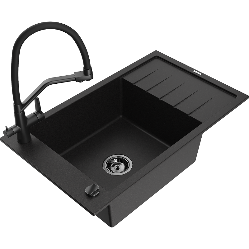 Mexen Elias zlewozmywak granitowy 1-komorowy z ociekaczem i baterią kuchenną Duo, czarny - 6511-77-671701-70-B