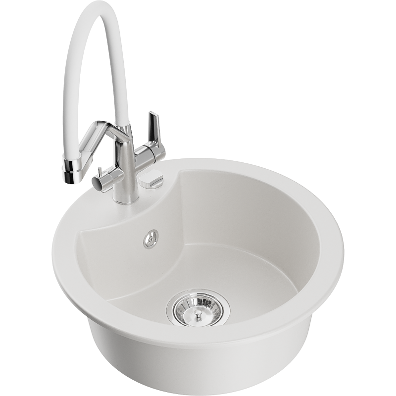 Mexen Diego zlewozmywak granitowy 1-komorowy z baterią kuchenną Duo, biały - 6512-20-671701-02