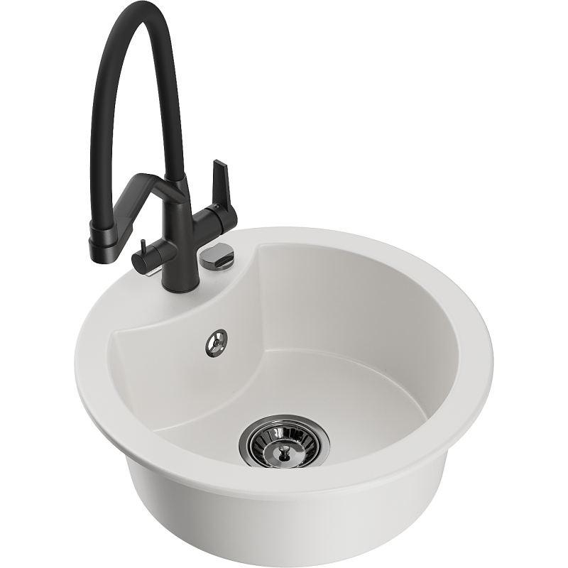 Mexen Diego zlewozmywak granitowy 1-komorowy z baterią kuchenną Duo, biały - 6512-20-671701-70-B