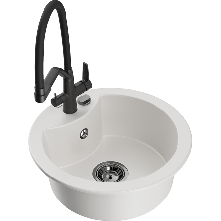 Mexen Diego zlewozmywak granitowy 1-komorowy z baterią kuchenną Duo, biały - 6512-20-671701-70-B