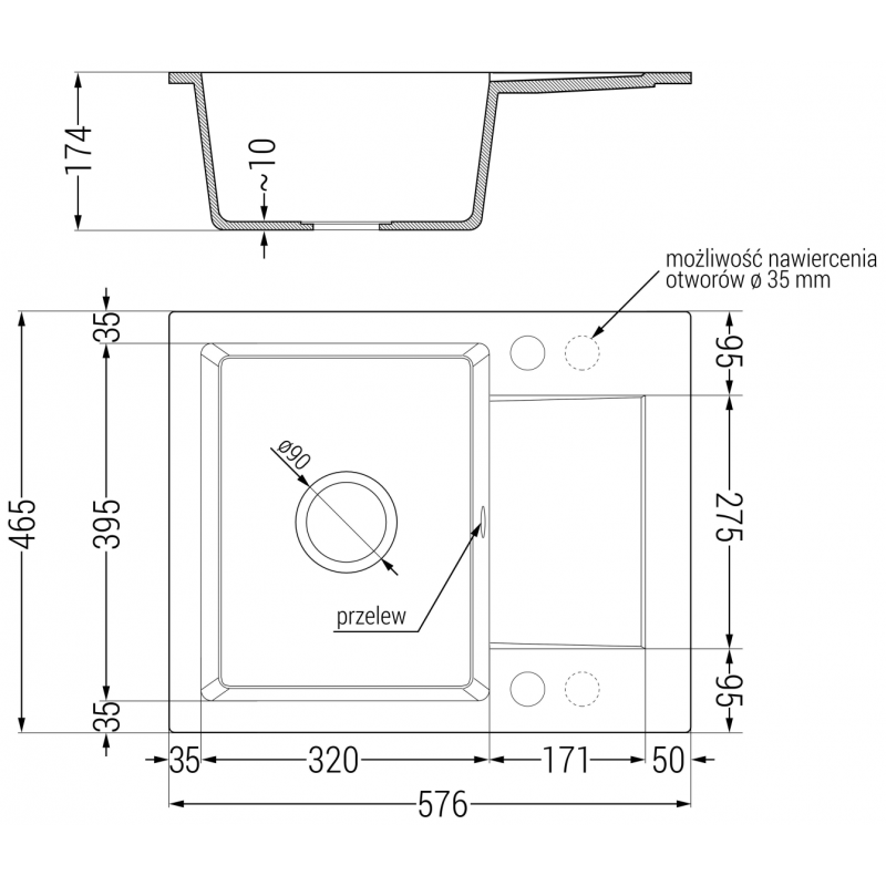 Mexen Enzo zlewozmywak granitowy 1-komorowy z ociekaczem 576 x 465 mm, czarny nakrapiany, syfon chrom - 6506571005-76
