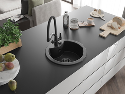 Mexen Diego zlewozmywak granitowy 1-komorowy z baterią kuchenną Duo, czarny/srebrny metalik - 6512-73-671701-70-B