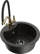 Mexen Diego zlewozmywak granitowy 1-komorowy z baterią kuchenną Duo, czarny/złoty metalik - 6512-75-671701-57-B