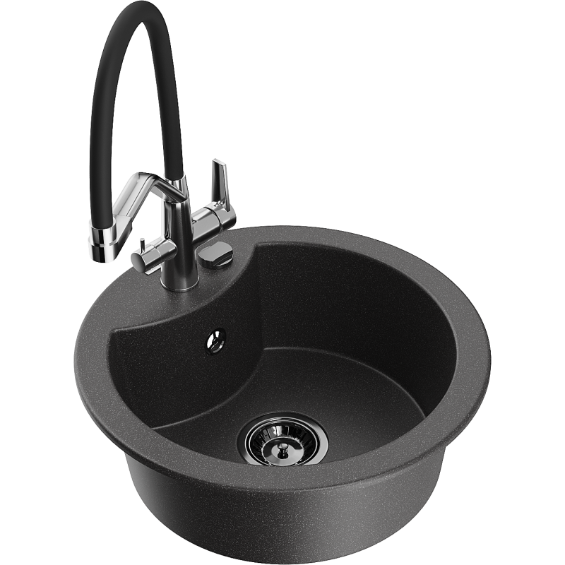 Mexen Diego zlewozmywak granitowy 1-komorowy z baterią kuchenną Duo, czarny nakrapiany - 6512-76-671701-07-B