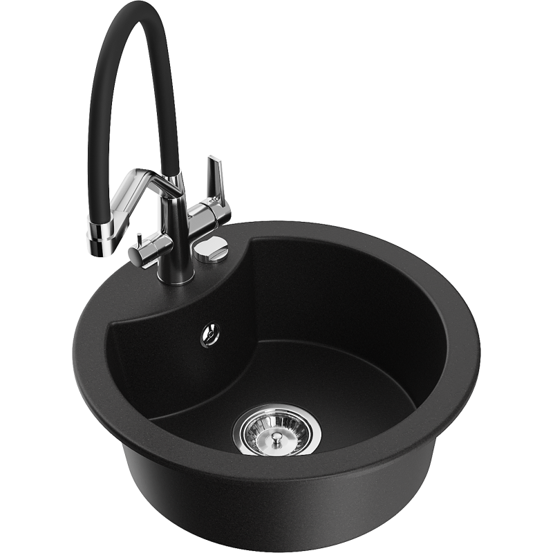 Mexen Diego zlewozmywak granitowy 1-komorowy z baterią kuchenną Duo, czarny - 6512-77-671701-07