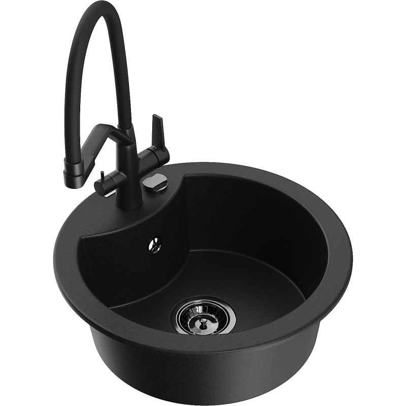 Mexen Diego zlewozmywak granitowy 1-komorowy z baterią kuchenną Duo, czarny - 6512-77-671701-70-B