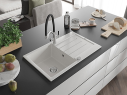 Mexen Bruno zlewozmywak granitowy 1-komorowy z ociekaczem i baterią kuchenną Duo, biały - 6513-20-671701-07