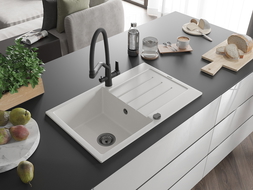 Mexen Bruno zlewozmywak granitowy 1-komorowy z ociekaczem i baterią kuchenną Duo, biały - 6513-20-671701-70-B