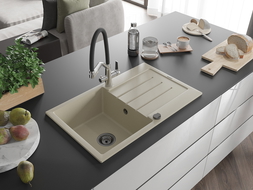 Mexen Bruno zlewozmywak granitowy 1-komorowy z ociekaczem i baterią kuchenną Duo, beżowy - 6513-69-671701-07-B