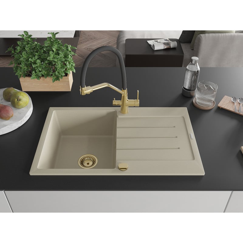 Mexen Bruno zlewozmywak granitowy 1-komorowy z ociekaczem i baterią kuchenną Duo, beżowy - 6513-69-671701-57-G
