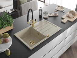 Mexen Bruno zlewozmywak granitowy 1-komorowy z ociekaczem i baterią kuchenną Duo, beżowy - 6513-69-671701-57-G