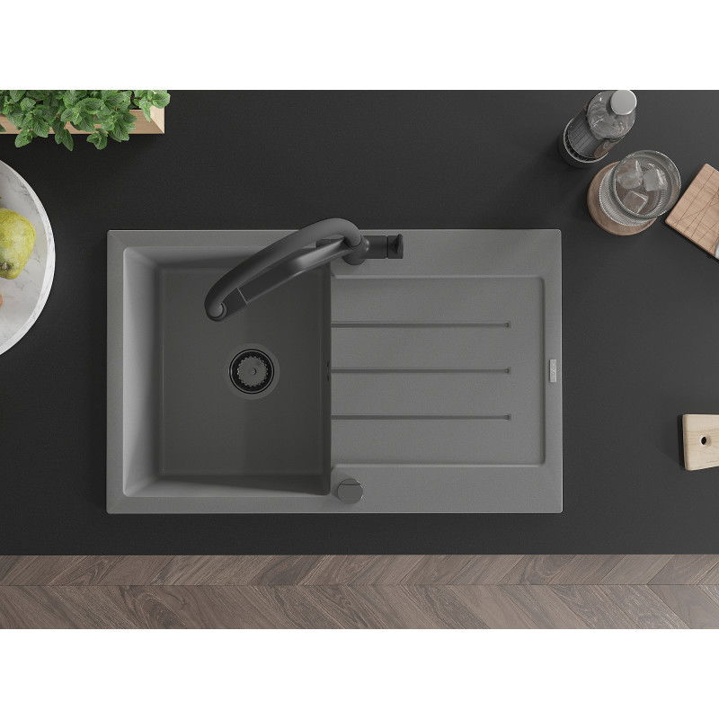 Mexen Bruno zlewozmywak granitowy 1-komorowy z ociekaczem i baterią kuchenną Duo, szary - 6513-71-671701-70-B