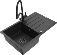 Mexen Bruno zlewozmywak granitowy 1-komorowy z ociekaczem i baterią kuchenną Duo, czarny/srebrny metalik - 6513-73-671701-70-B