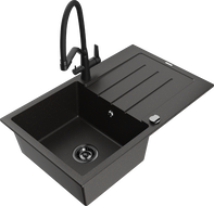 Mexen Bruno zlewozmywak granitowy 1-komorowy z ociekaczem i baterią kuchenną Duo, czarny/złoty metalik - 6513-75-671701-70-B