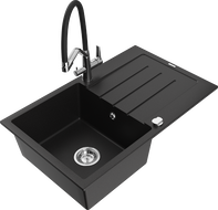 Mexen Bruno zlewozmywak granitowy 1-komorowy z ociekaczem i baterią kuchenną Duo, czarny - 6513-77-671701-07