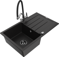 Mexen Bruno zlewozmywak granitowy 1-komorowy z ociekaczem i baterią kuchenną Duo, czarny - 6513-77-671701-07-B