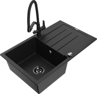 Mexen Bruno zlewozmywak granitowy 1-komorowy z ociekaczem i baterią kuchenną Duo, czarny - 6513-77-671701-70-B