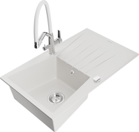 Mexen Cesar zlewozmywak granitowy 1-komorowy z ociekaczem i baterią kuchenną Duo, biały - 6514-20-671701-02