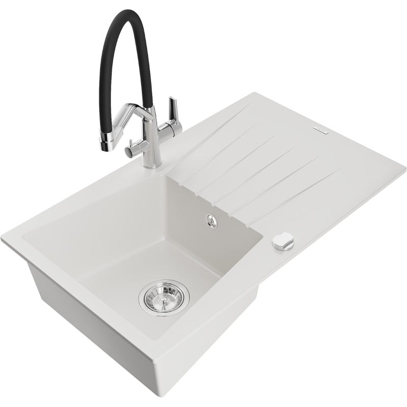 Mexen Cesar zlewozmywak granitowy 1-komorowy z ociekaczem i baterią kuchenną Duo, biały - 6514-20-671701-07