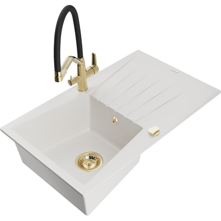 Mexen Cesar zlewozmywak granitowy 1-komorowy z ociekaczem i baterią kuchenną Duo, biały - 6514-20-671701-57-G