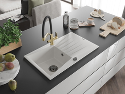 Mexen Cesar zlewozmywak granitowy 1-komorowy z ociekaczem i baterią kuchenną Duo, biały - 6514-20-671701-57-B