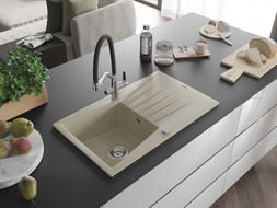 Mexen Cesar zlewozmywak granitowy 1-komorowy z ociekaczem i baterią kuchenną Duo, beżowy - 6514-69-671701-07