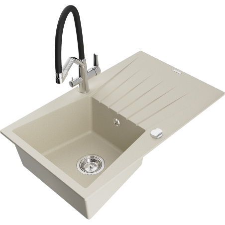 Mexen Cesar zlewozmywak granitowy 1-komorowy z ociekaczem i baterią kuchenną Duo, beżowy - 6514-69-671701-07