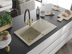 Mexen Cesar zlewozmywak granitowy 1-komorowy z ociekaczem i baterią kuchenną Duo, beżowy - 6514-69-671701-57-G